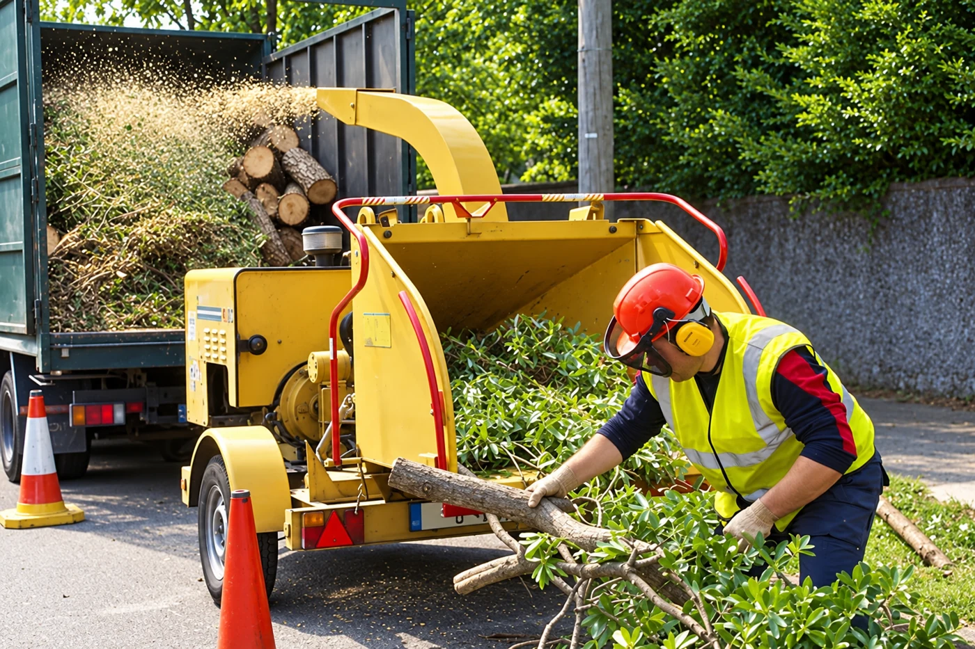 Wood chipper processing branches