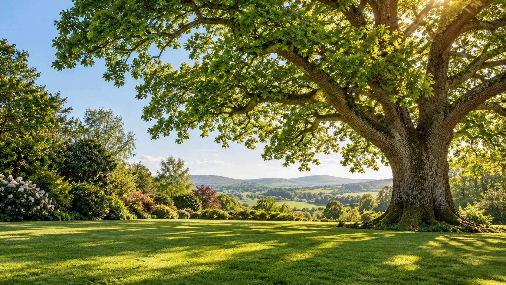 Healthy mature oak in a green garden