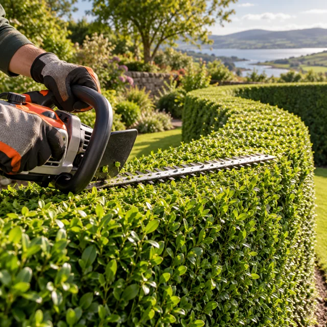Hedge trimming in a green garden