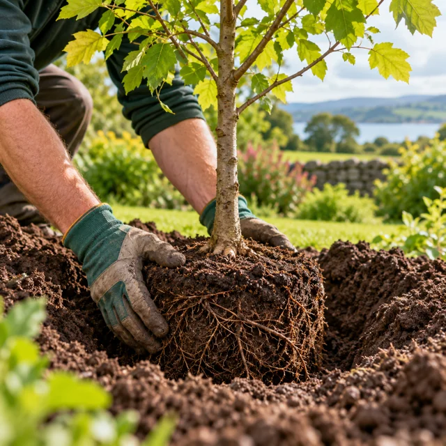 Young tree being planted in garden soil