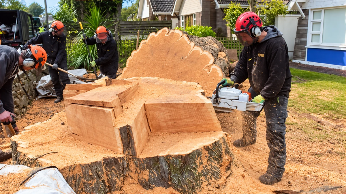 The crew working around a large tree stump, shown in full without cropping